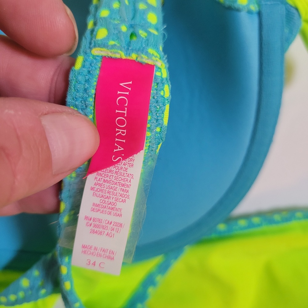 Victoria's Secret Bikini Set 34C M Turquoise Neon Lime Green Eyelet Lace Halter - Picture 6 of 6